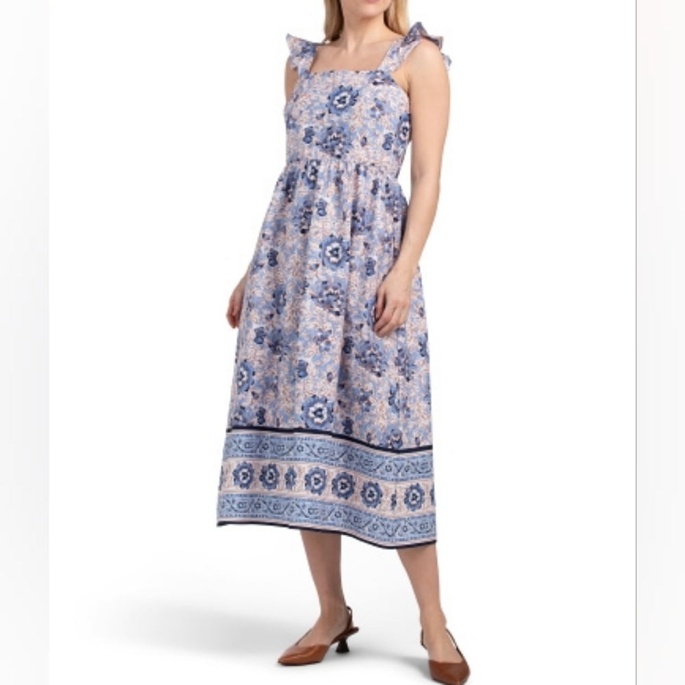 NWT - Anne Klein Smocked Back Ruffle Sleeve Blue Multi Floral Midi Dress-Sz 14